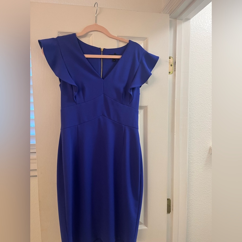 Dkny Blue Sheath Midi Dress with Flutter Cap Sleeves
